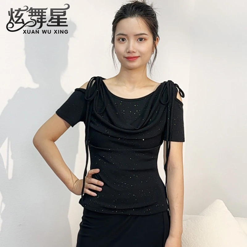 高级感华尔兹舞蹈上衣夏新款时尚荡领T恤舞衣成人显瘦交谊舞服装