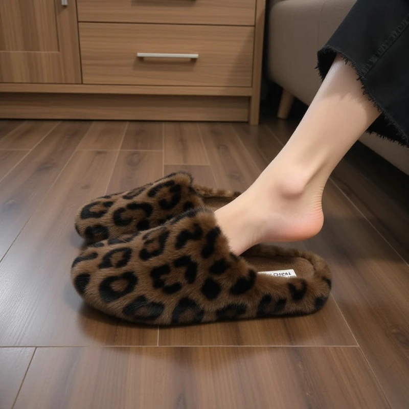 包头豹纹水貂绒毛毛鞋女冬外穿加绒懒人半拖一脚蹬软底平底棉拖鞋