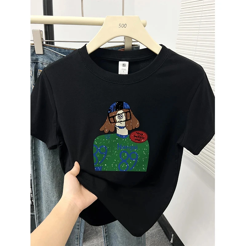 今年流行爆款印花短袖T恤女夏2025年新款小众打底设计感正肩上衣