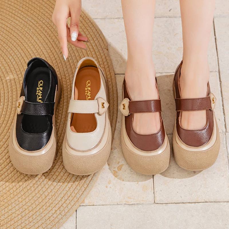 1185  春季真皮软底舒适妈妈鞋子复古圆头宽脚防滑中老年人牛筋底