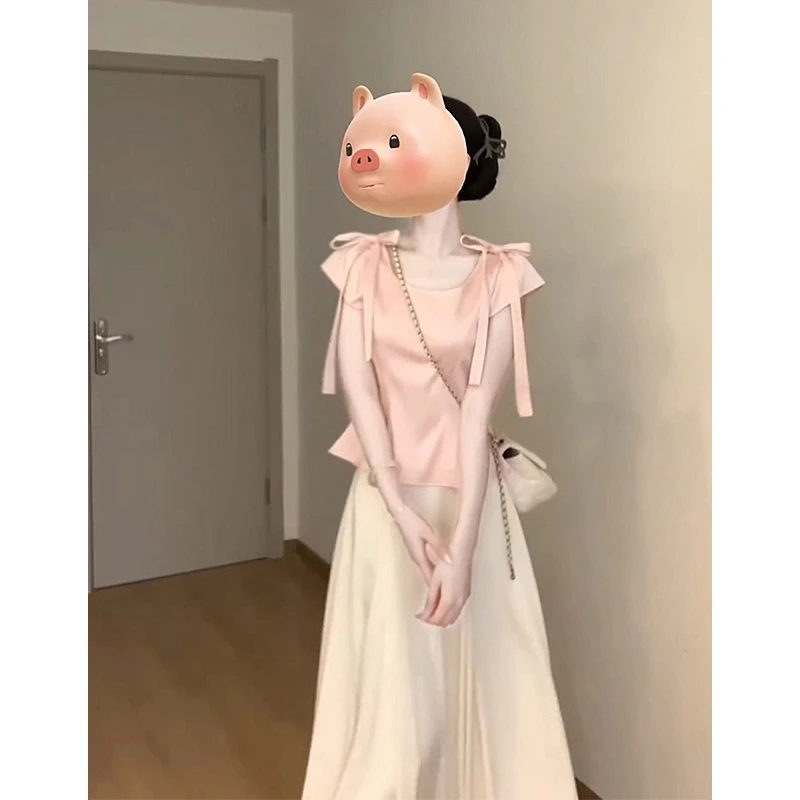 2025套装法式气质圆领蝴蝶结短袖修身上衣百搭高腰显瘦半身裙