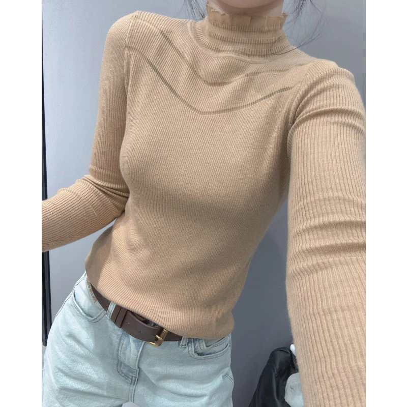 秋冬款蕾丝镂空针织衫女长袖半高领修身气质毛衣打底衫木耳边上衣