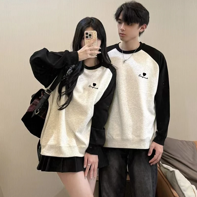 顶瓜瓜300斤加大码爱心时尚小别致拼色插肩袖卫衣男女秋冬情侣装