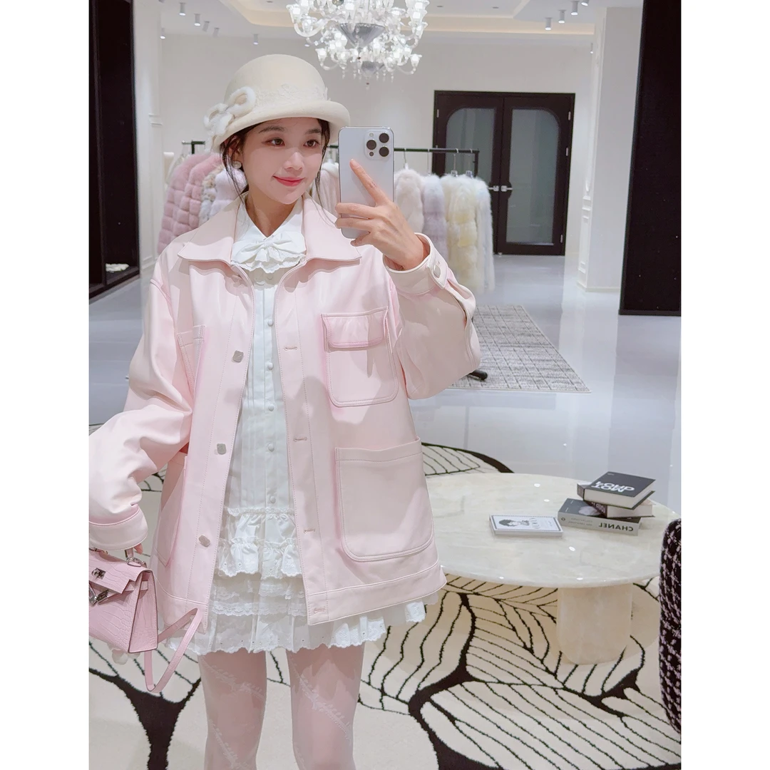 MissLuxury【店主挚爱】重磅无鉻鞣擦色头层绵羊皮真皮皮衣外套女