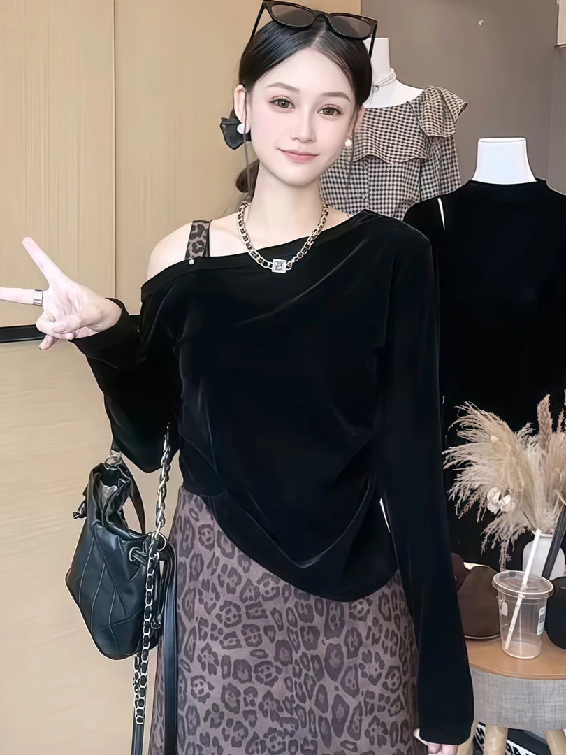 黑色斜肩露肩长袖t恤女2025新款韩系早秋穿搭绝美巨好看的小上衣