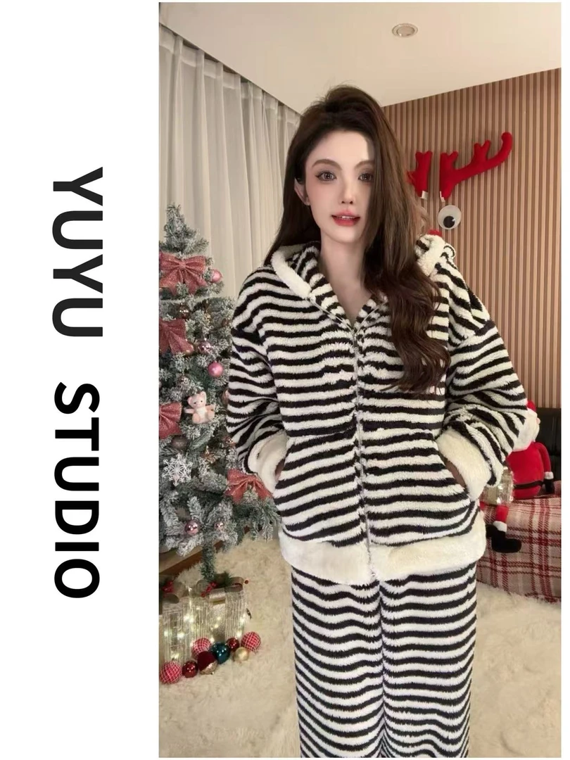 新款韩版条纹加绒加厚冬季休闲百搭网红时尚睡衣8113