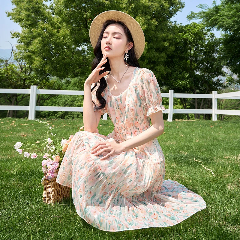 【直播专享】Q832377连衣裙 香影碎花连衣裙女夏装新款泡泡袖方领