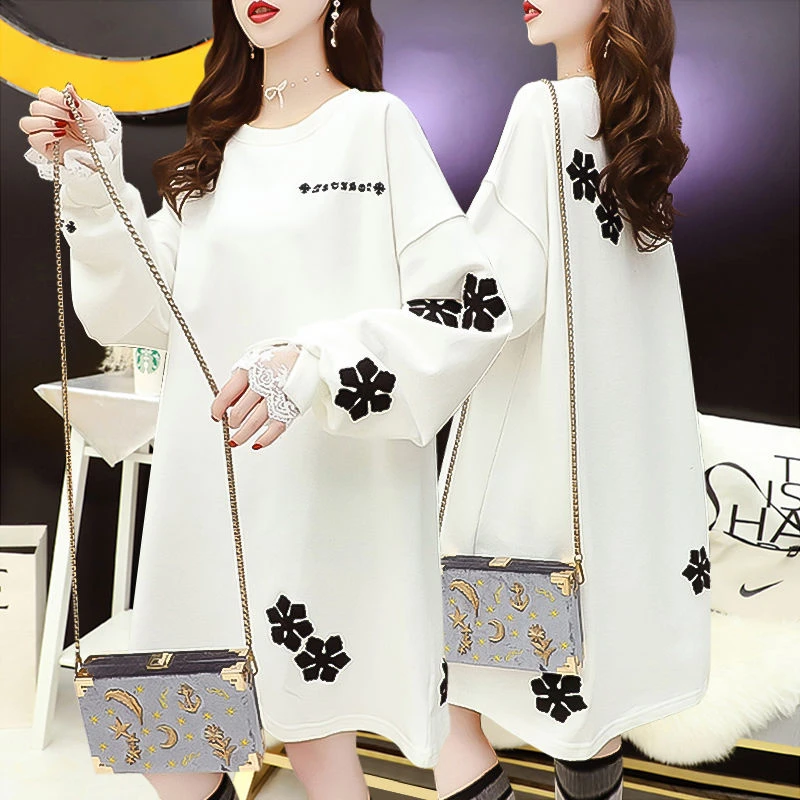 网红减龄蕾丝拼接长款卫衣女春秋季2025新款韩版慵懒风长裙上衣服