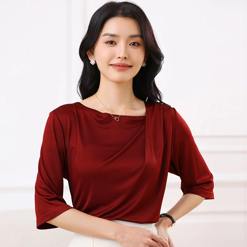 冰感三醋酸褶皱领五分袖遮肉显瘦时尚气质短袖设计款创意上衣春夏