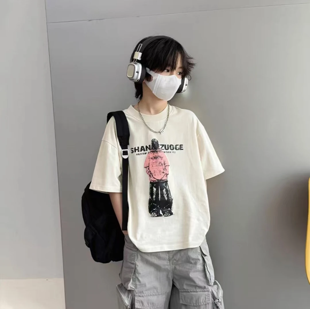 2025夏季美式透气柔软吸汗休闲100%纯棉宽松圆领短袖印花上衣夏款