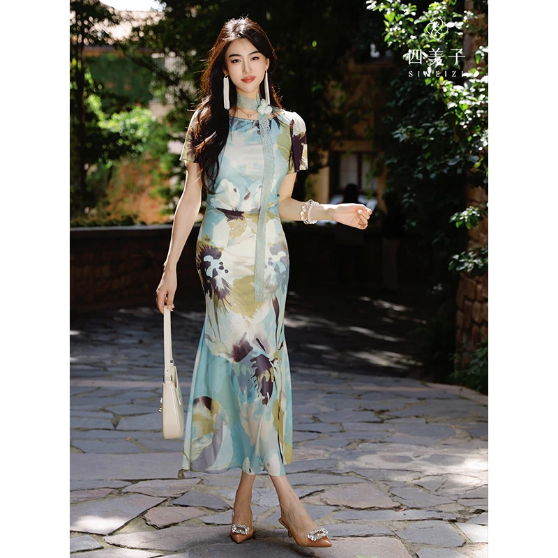 四美子【翠烟霏】新款爆款高弹网纱艺术晕染印花旗袍连衣裙外出洋气