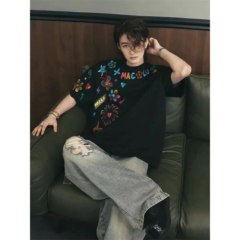 小众彩色涂鸦短袖t恤男夏季设计感美式高街潮牌cleanfit男生半袖