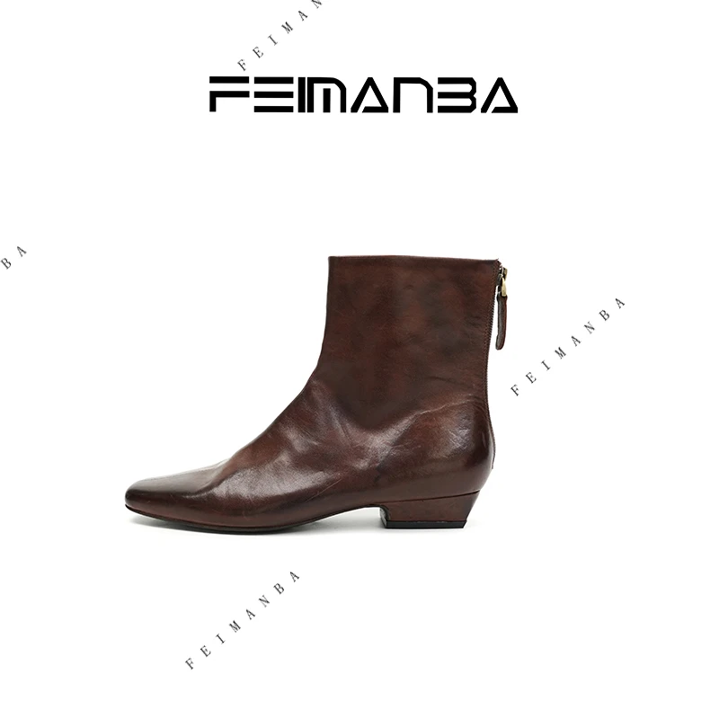 FEIMANBA “真马皮”中度水洗 马皮搽色做旧短靴女 后拉链方跟女靴