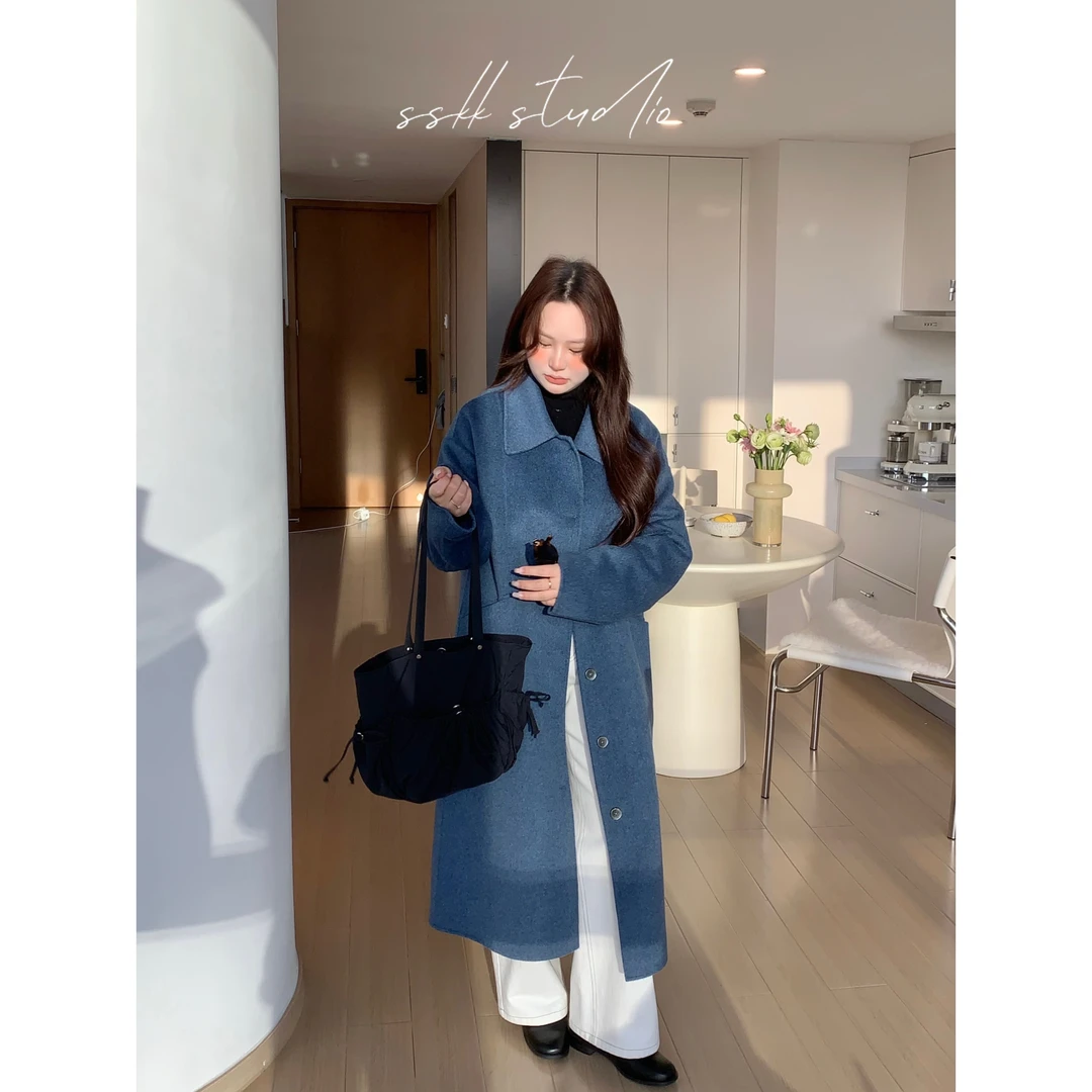 KMZY/KMZY山_山【首尔甜城】微胖mm韩版气质海蓝宝色双面呢大衣外套