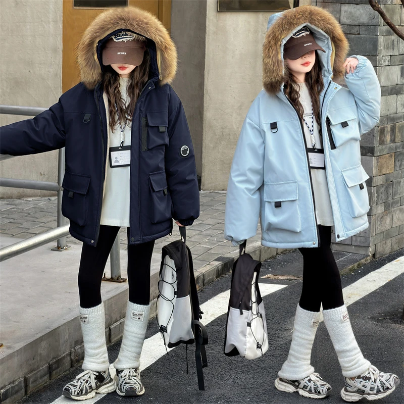 女童派克棉服2025新款中大儿童冬季加绒加厚连帽中长款外套棉袄装