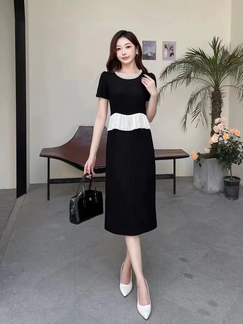 圆领钉珠赫本风连衣裙套女夏季2025新款洋气质显瘦女人味黑色裙子