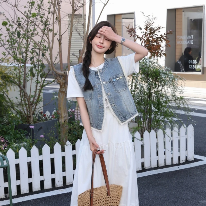 2025春季新款韩版设计感蕾丝花边拼接休闲宽松单排扣牛仔马甲外套