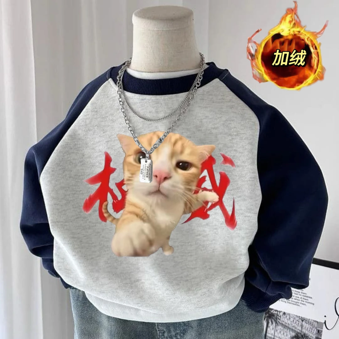 儿童秋冬款趣味权威猫咪印花卫衣加绒童装百搭男女童休闲圆领上衣