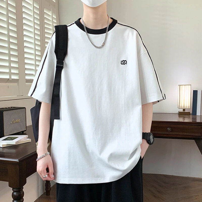 2025学生短袖t恤夏季新款条纹宽松半袖上衣服男士潮牌刺绣休闲体