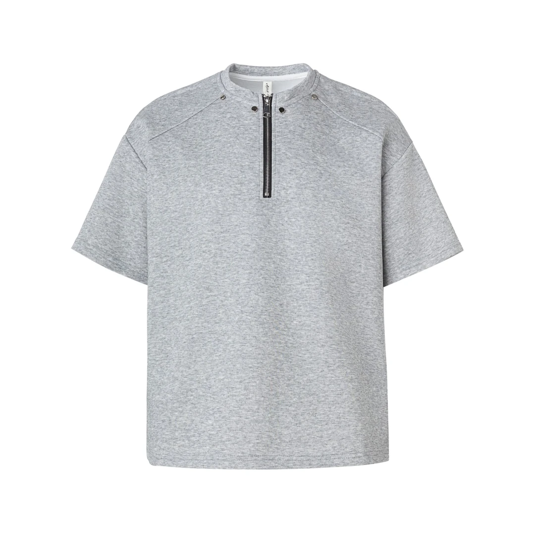 夏季亨利领半拉链小众设计短袖T恤青少年宽松美式高街休闲短袖T恤