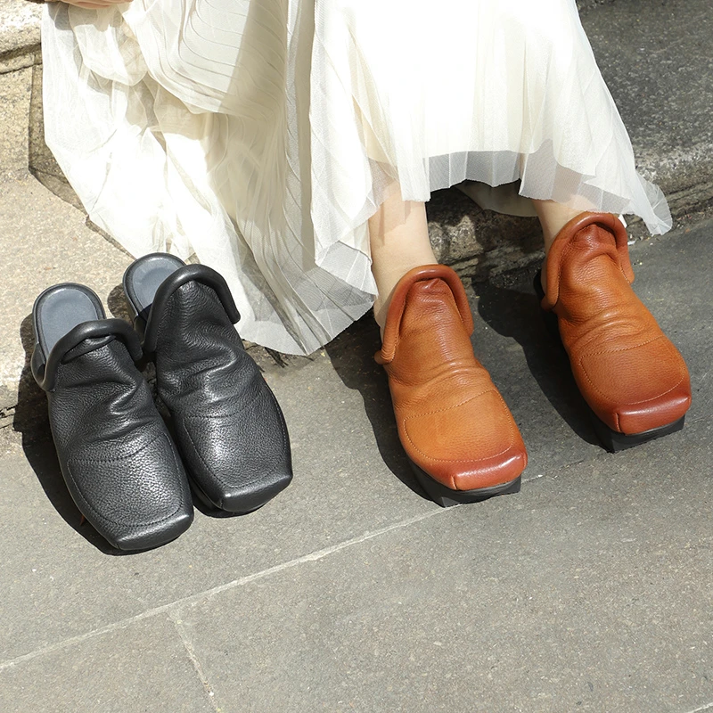 谜丫蜜原创复古真皮粗跟鞋女2025年春夏新款手工擦色包头拖鞋子