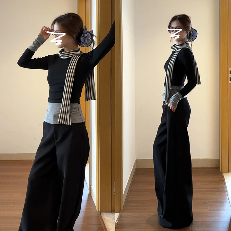 6546韩系设计感辣妹内搭假两件打底衫修身显瘦撞色针织衫上衣