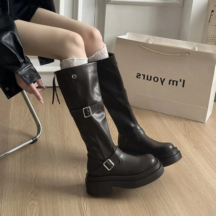 厚底靴子不过膝长筒靴女英伦风皮带扣增高瘦瘦靴小个子高筒骑士靴