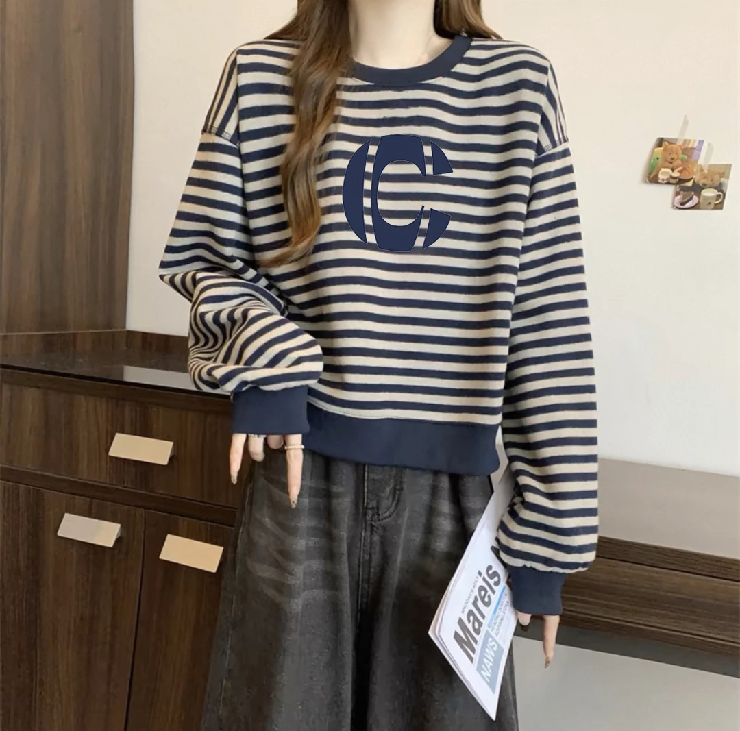 2025年春季休闲百搭韩版打底衫经典藏青色条纹内搭长袖T恤上衣女