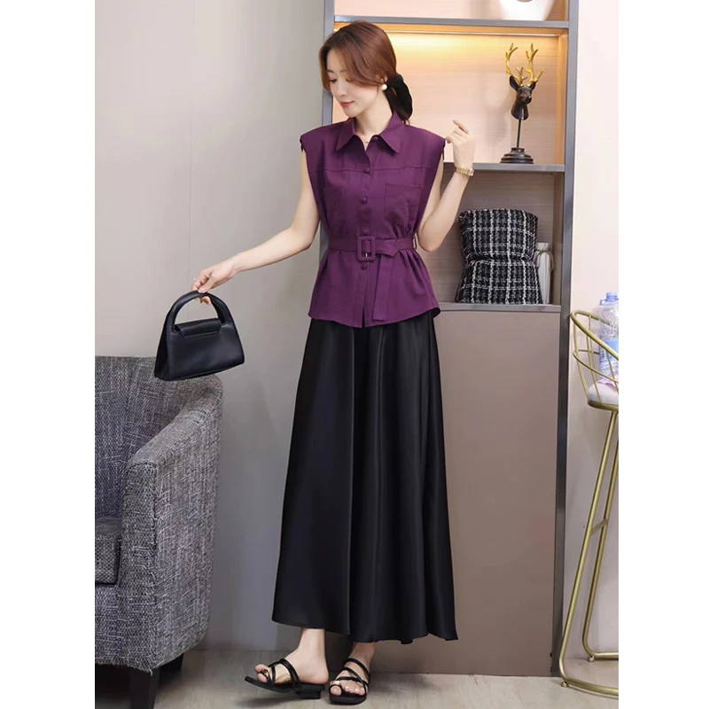 ASY/2025夏季修身气质风绸缎套裙时尚洋气收腰减龄休闲两件套