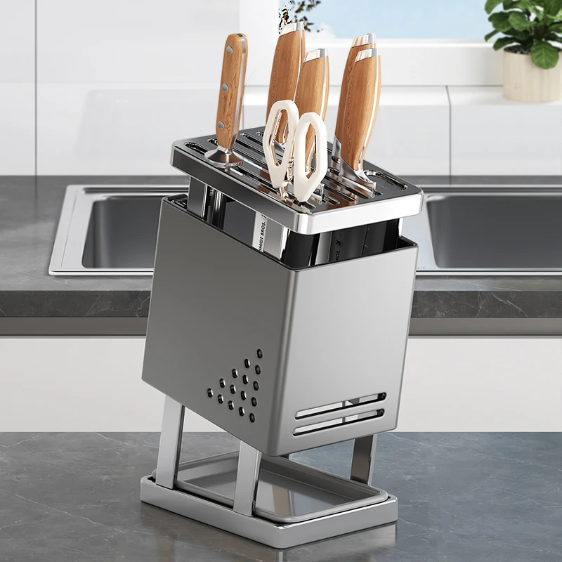 厨房台面旋转刀架多功能刀具沥水收纳架家用不锈钢置物架免安装