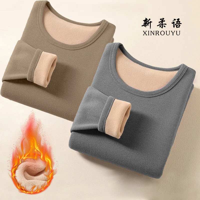 加绒妈妈中年女士加厚秋冬季新款德绒圆领大码修身外穿保暖打底衫