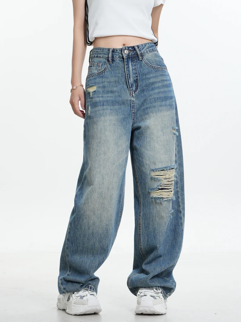 楚晗【7656】夏季美式破洞宽松磨破设计-直筒拖地裤