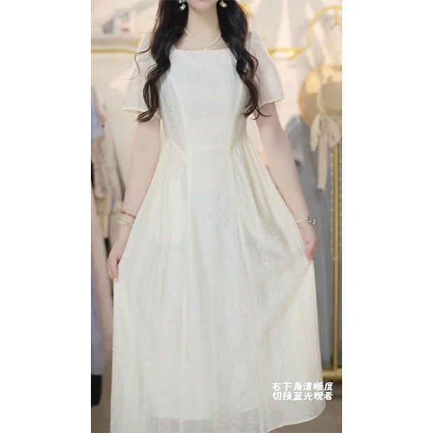 L5381网红法式短袖连衣裙2025新款收腰显瘦中长裙高档洋过膝裙子