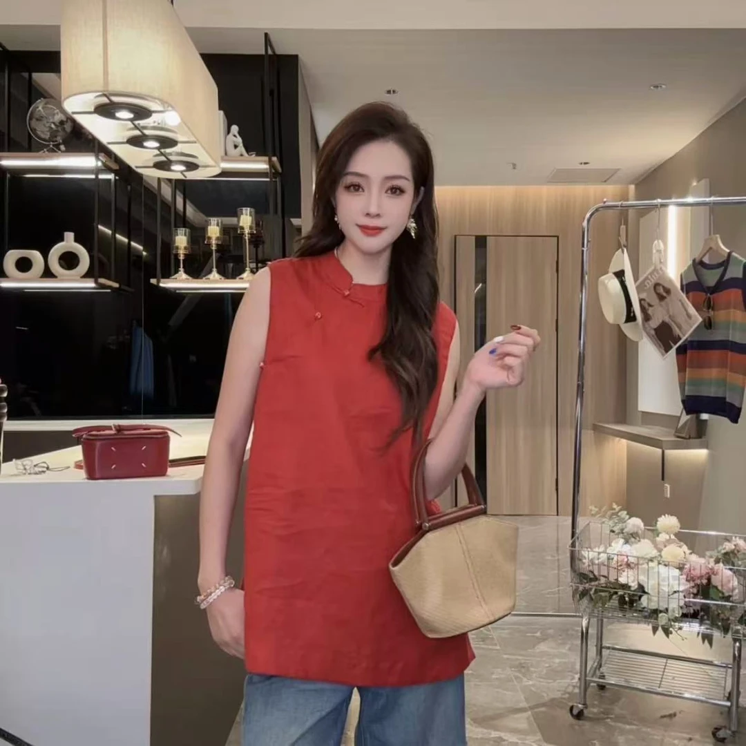 华丽微微【荨麻遥】夏季新款纯色苎麻国风盘扣中长款无袖上衣C1468