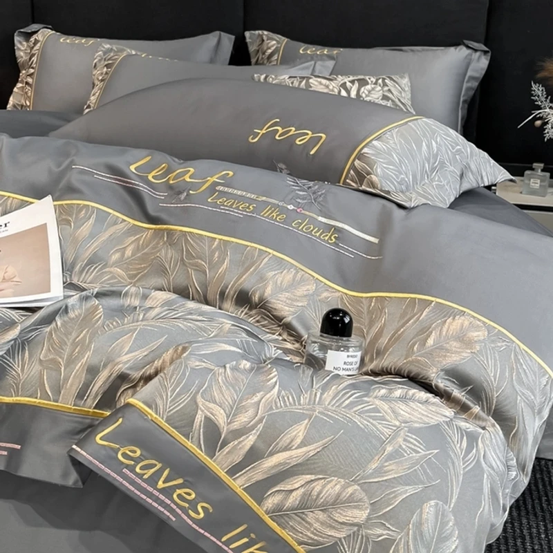 水星家纺100%全棉四件套简约轻奢纯色机洗纯棉绣花款欧式联名水星