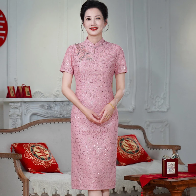 夏季新款2025新中式国风改良日常旗袍D122连衣裙复古粉色修身蕾丝