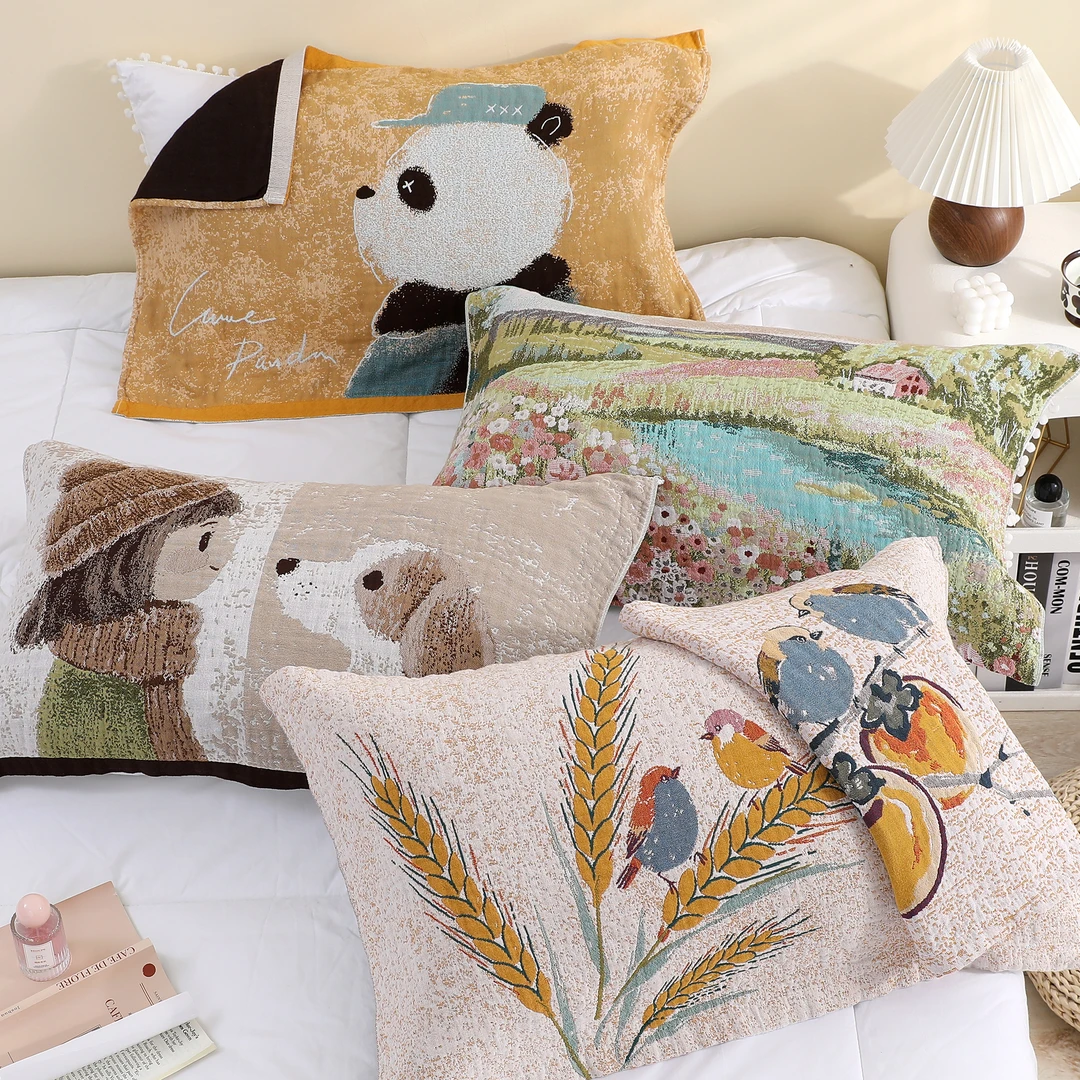 新款多层纯棉棉麻水洗棉枕巾印花长方形，四季款52*78柔软亲肤透气