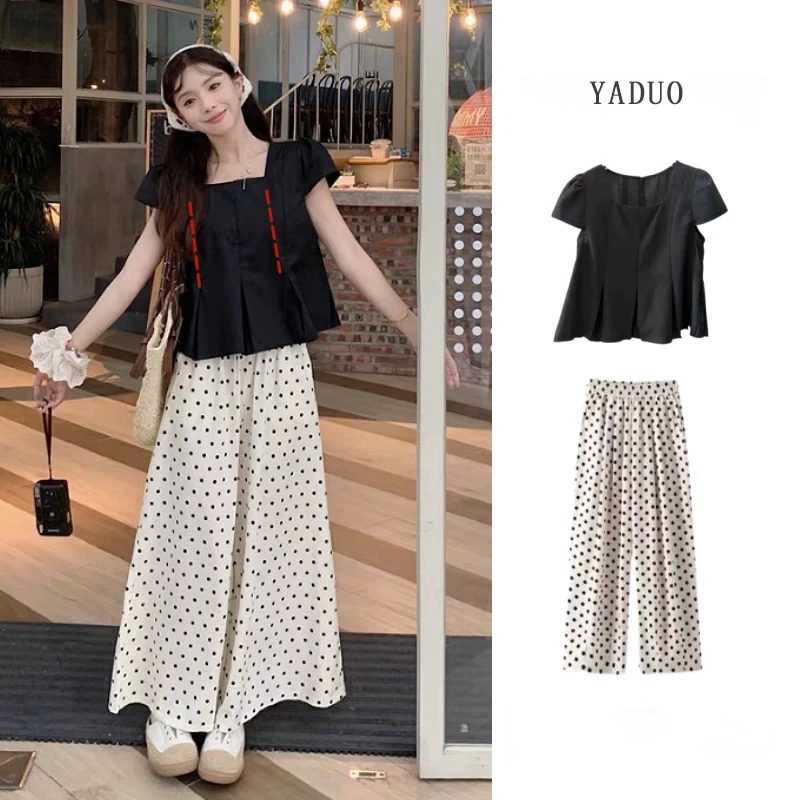 法式气质方领短袖T恤夏季微胖甜美减龄波点裤子收腰显瘦遮肉套装