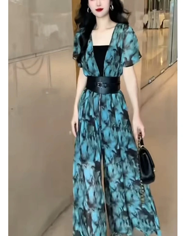 高腰长裤阔腿裤薄款连体裤洋气印花时尚夏季新款CJ62501