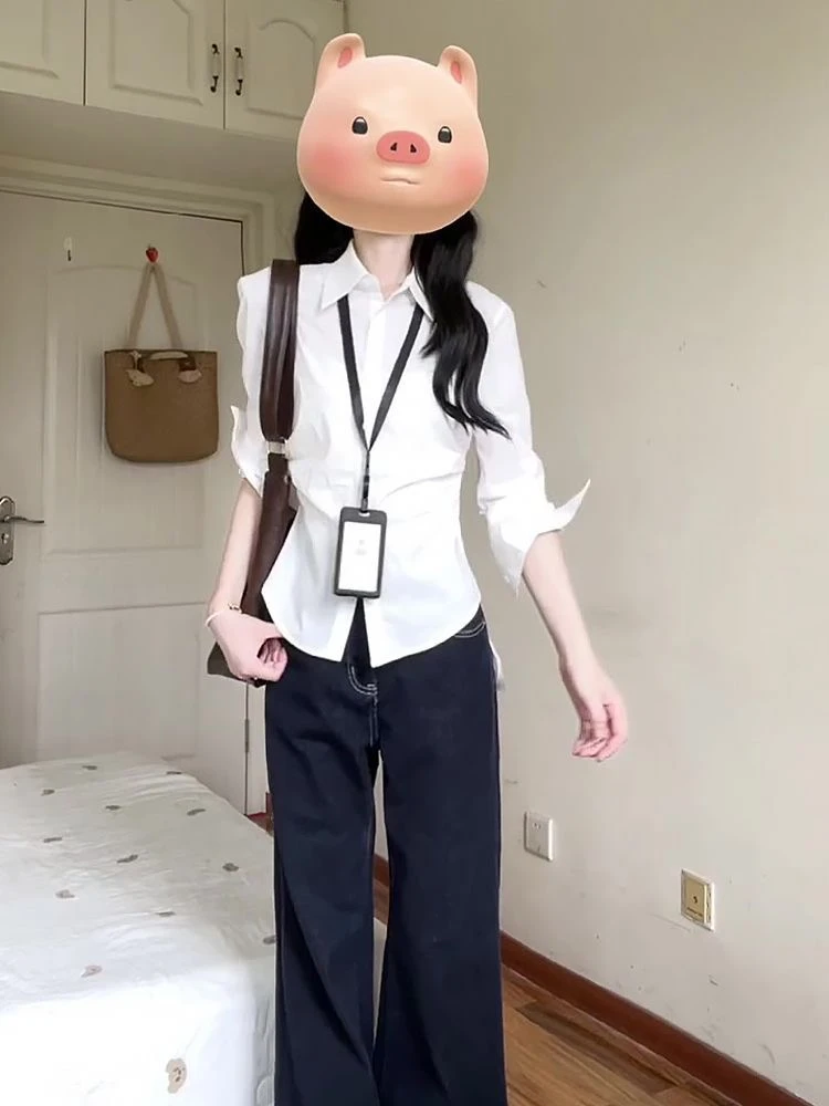 白色气质掐腰修身设计感长袖衬衫女2025新款法式小衫收腰衬衣上衣