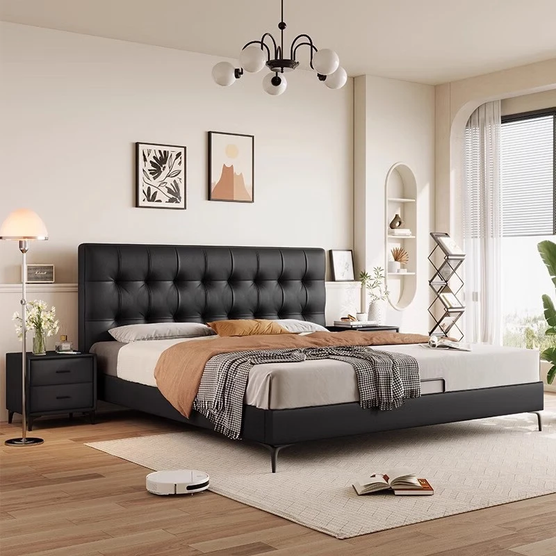 现代简约皮艺床主卧室高端双人床网红华夫格软靠皮床软包床