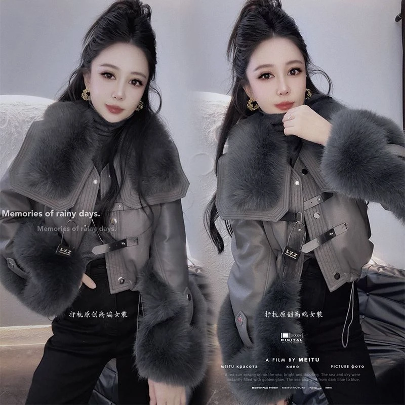 皮毛一体短款外套女2025冬季欧货复古大毛领加绒加厚皮夹克上衣潮