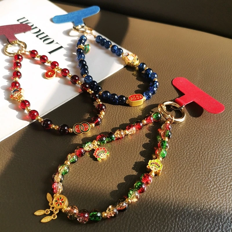 复古中国风手机链招财纳福手机挂绳短款手腕手提挂链水晶串珠挂件
