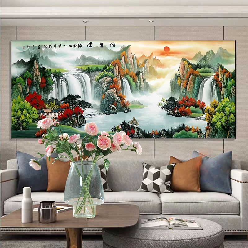 新款山水风景画鸿运当头流水生财满钻全贴魔方圆钻石画卧室客厅