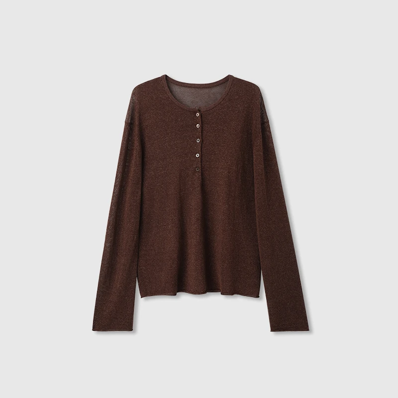 Ayuko｜奢柔天丝山羊绒清爽汉麻松弛亨利领软糯长袖卷边针织衫1457