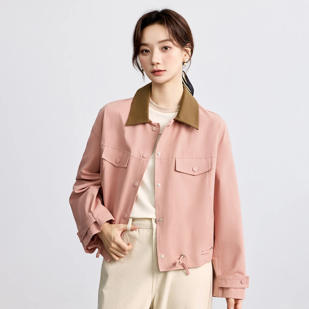 茵曼纯棉可露丽风外套女秋季宽松时尚撞色翻领工装夹克上衣