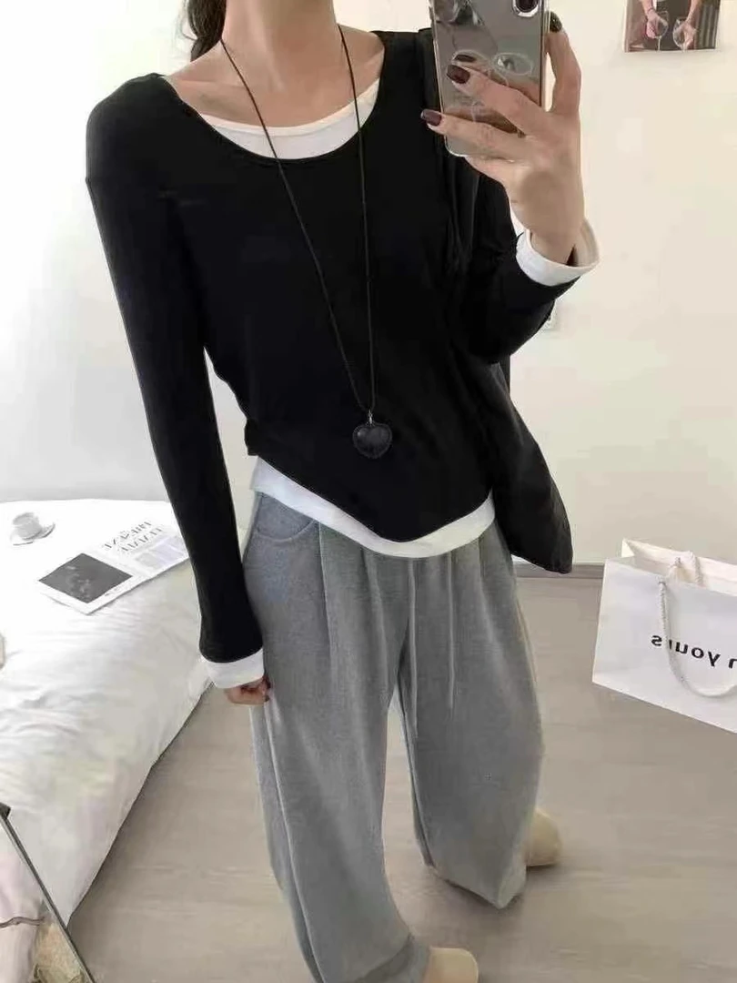 黑色t恤长袖女内搭春显瘦时尚纯色假两件打底衫灰色圆领上衣