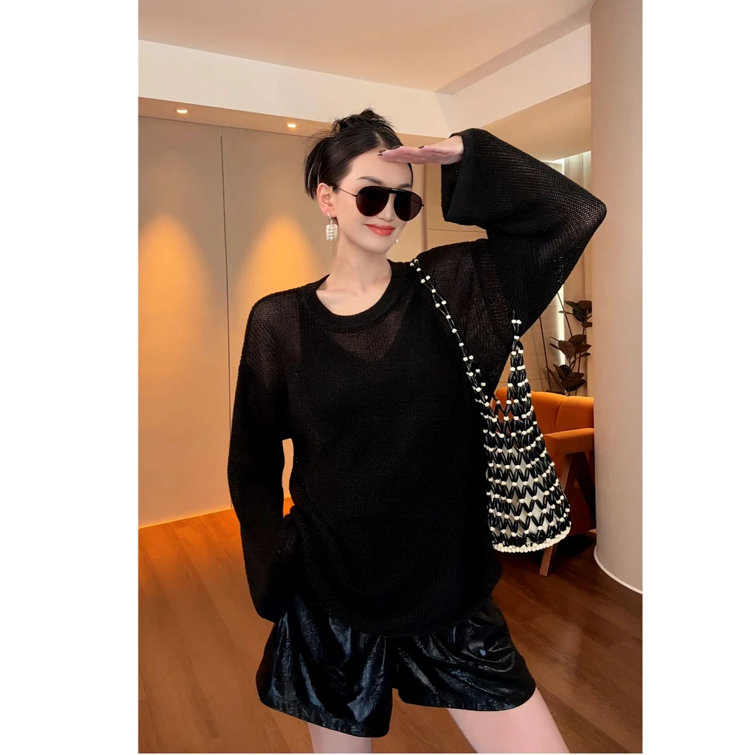 紫紫  炎夏限定  降温和纸编织香风透气长袖宽松T恤女ZD03SMYL274