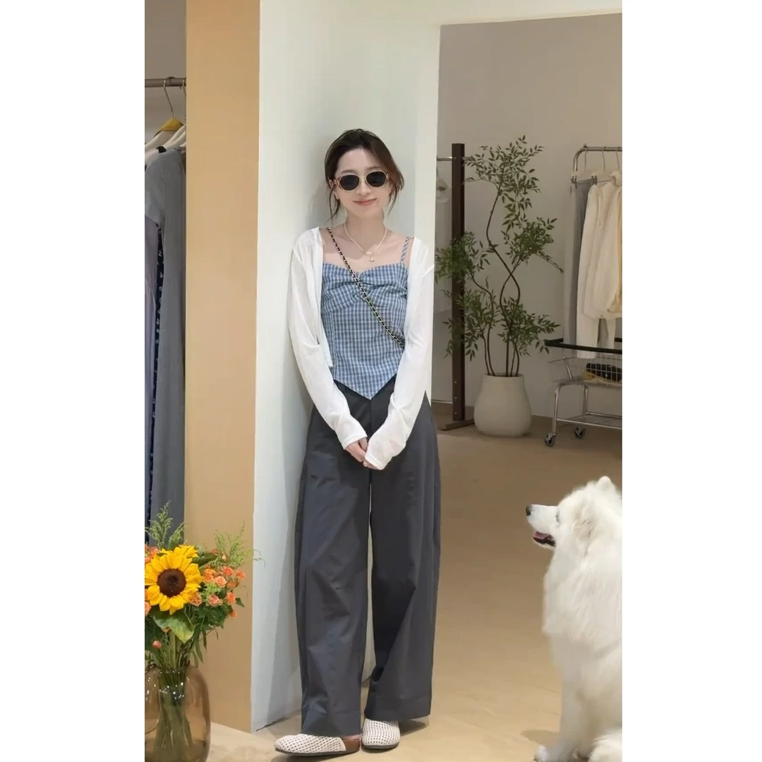 2025法式无袖褶皱格子不规则吊带叠穿长袖开衫搭配休闲裤三件套潮