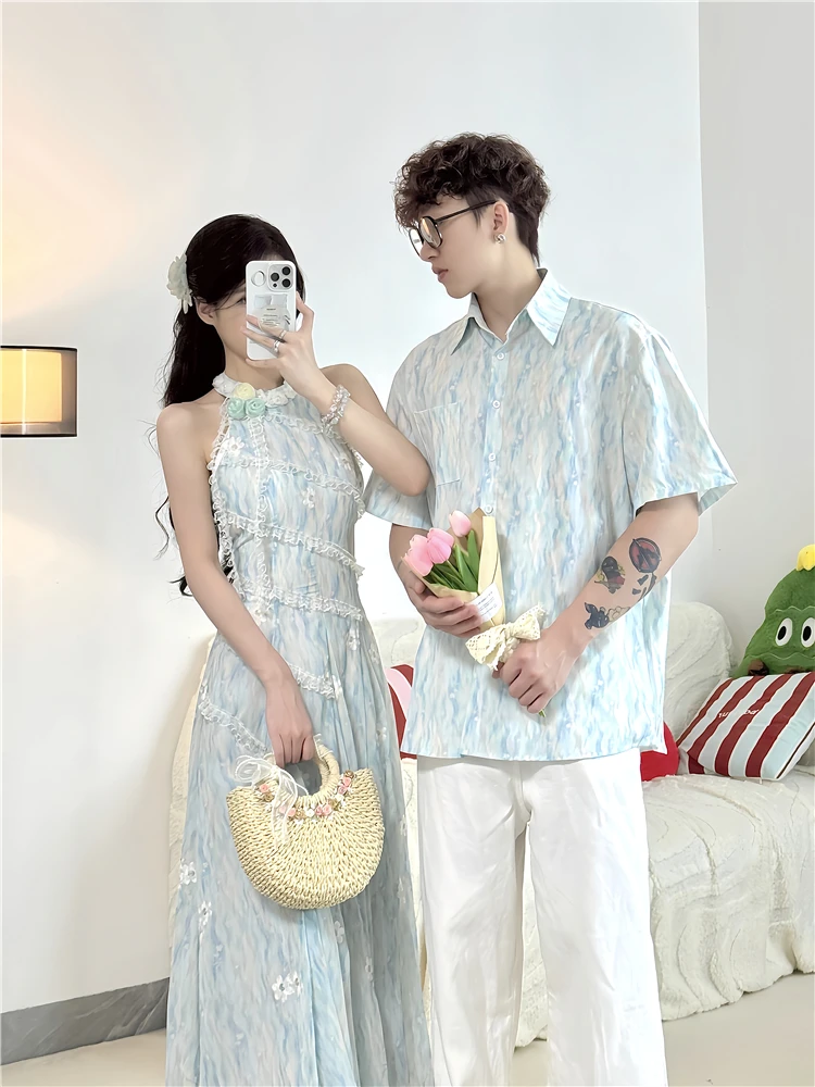 情侣装夏季新中式挂脖式纯欲风法式印花无袖连衣裙男短袖衬衫潮